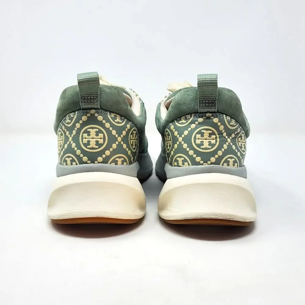 Tory Burch T Monogram Good Luck Trainer Suede Sneakers Blue Celadon Size US 9